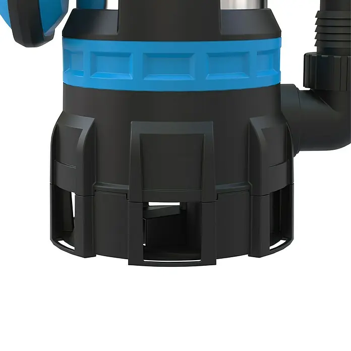 Güde Schmutzwasserpumpe Kombipumpe GS 750.1 - 750 W, Max. Fördermenge: 16.500 l/h - Nahaufnahme einer schwarzen und blauen Tauchpumpe, die Details des Designs und der Konstruktion zeigt.