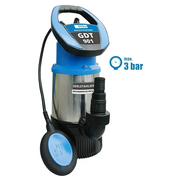 Güde Drucktauchpumpe GDT 901 - 800 W, Max. Fördermenge: 5.500 l/h - Abgebildet ist eine Güde Drucktauchpumpe GDT 901, eine robuste und zuverlässige Pumpe für den Einsatz in verschiedenen Entwässerungsanwendungen.