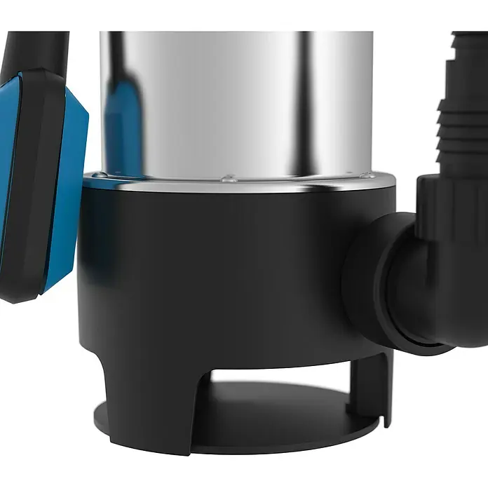Güde Schmutzwasserpumpe GS 1103 PI - 1.100 W, Max. Fördermenge: 20.000 l/h - Nahaufnahme einer Tauchpumpe mit Edelstahlgehäuse, schwarzem Sockel und blauem Griff.