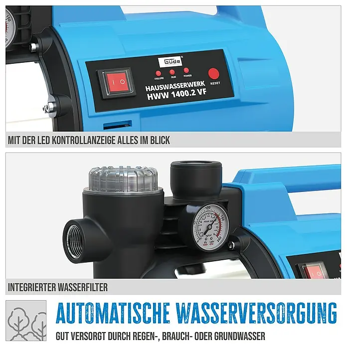 Güde Hauswasserwerk HWW 1400.2 VF - 1.400 W, Max. Fördermenge: 4.800 l/h, Max. Druck: 4,8 bar - Abbildung einer Güde Hauswasserwerk HWW 1400.2 VF, mit LED-Kontrollanzeige und integriertem Wasserfilter für die automatische Wasserversorgung.