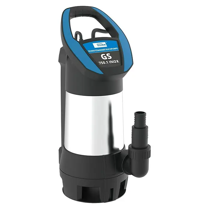 Güde Schmutzwasserpumpe GS 750.1 Inox - 750 W, Max. Fördermenge: 15.000 l/h - Abgebildet ist eine Güde Schmutzwassertauchpumpe GS 750.1 INOX. Sie ist schwarz, blau und silberfarben. Eine robuste und leistungsstarke Pumpe für Schmutzwasser.