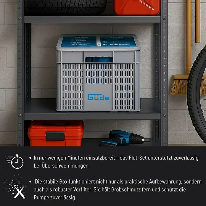 Güde Schmutzwasserpumpe Flut-Set 750 - 1.100 W, Max. Fördermenge: 20.000 l/h - Das Bild zeigt ein graue Güde-Box, die auf einem Regal steht und zur Aufbewahrung verschiedener Gegenstände dient.