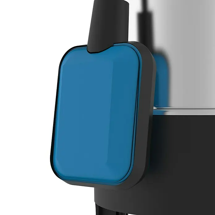 Güde Schmutzwasserpumpe GS 1103 PI - 1.100 W, Max. Fördermenge: 20.000 l/h - Nahaufnahme einer blau-schwarzen Steuerungseinheit. Das Gerät ist modern und hat eine glänzende Oberfläche. Es ist Teil eines größeren Apparats.