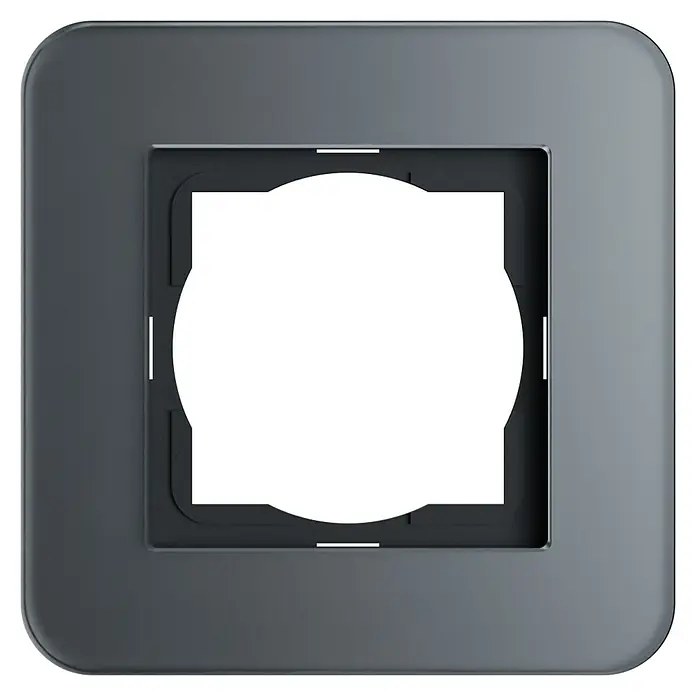 Abdeckrahmen RIO - Schwarz Soft Touch, 1-fach - Nahaufnahme einer grauen Netzwerksteckdose mit rechteckiger Blende und abgerundeten Ecken.