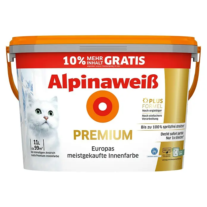 Alpina Alpinaweiss Wandfarbe Premium +10 % gratis - Weiß, Matt, 11 l, Konservierungsmittelfrei - Alpinaweiß Premium Innenfarbe Eimer mit weißem Anstrich, geeignet für ca. 99 m² bei einmaligem Anstrich.