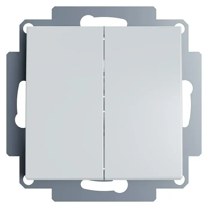 Serienschalter I500 - Alpinweiss, Glänzend, 10 A - Doppelter, weißer Lichtschalter. Das Produkt ist quadratisch und besitzt einen silbernen Rahmen, der die beiden Schalter voneinander trennt.