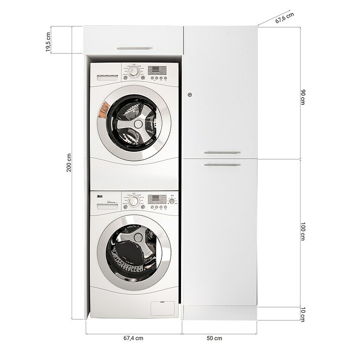 Respekta Armario para lavadora Clara (L x An: 67,6 x 117,4 cm, Blanco, Con armario alto y mueble para la lavadora) | BAUHAUS