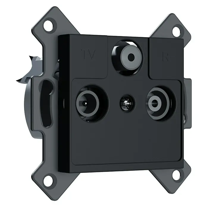 SAT-Antennendose Rio - Schwarz Soft Touch, Kunststoff - Abbildung einer schwarzen TV- und Radio-Antennensteckdose zur Wandmontage. Ideal für den Anschluss von Antennenkabeln im Wohnbereich.