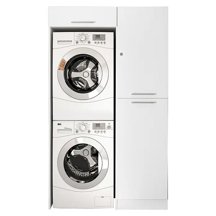 Respekta Waschmaschinenschrank Clara - L x B: 67,6 x 117,4 cm, Weiß, Mit Hochschrank & Waschmaschinenschrank - Weiße Waschmaschine und Trockner sind in einem Schrank untergebracht. Der Schrank hat weiße Türen mit horizontalen Griffen.