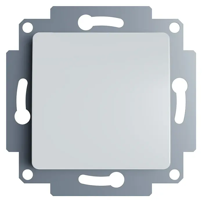 Voltomat Taster Mikro - Alpinweiss, Glänzend, Unterputzmontage, 10 A - Nahaufnahme eines weißen, quadratischen Lichtschalters mit einer grauen Metallhalterung, ideal für moderne Innenräume.