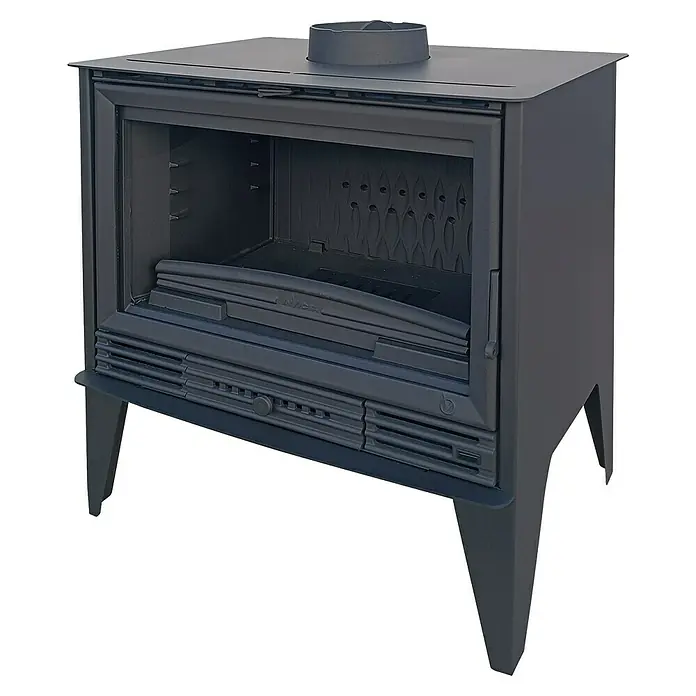 Invicta Estufa de leña Padua sin ventiladores - 10 kW, Volumen de calefacción: 300 m³, sin ventiladores, Negro - Primer plano de un inserto de chimenea negro con la puerta abierta, destacando detalles interiores y diseño. La construcción metálica y la ventilación son visibles.