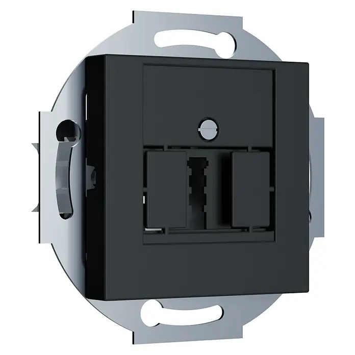 TAE-Telefondose Rio - Schwarz Soft Touch, Seidenmatt - Nahaufnahme einer schwarzen TAE-Telefondose mit silberner Montageplatte für den Wandeinbau. Detailaufnahme des Telekommunikationsprodukts.