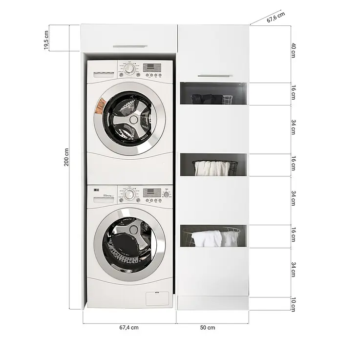 Respekta Waschmaschinenschrank Clara - L x B: 67,6 x 117,4 cm, Weiß, Mit Wäscheschrank & Waschmaschinenschrank - Waschmaschine und Trockner sind in einem weißen Schrank mit Regalen untergebracht, wodurch ein ordentlicher und organisierter Waschbereich entsteht.