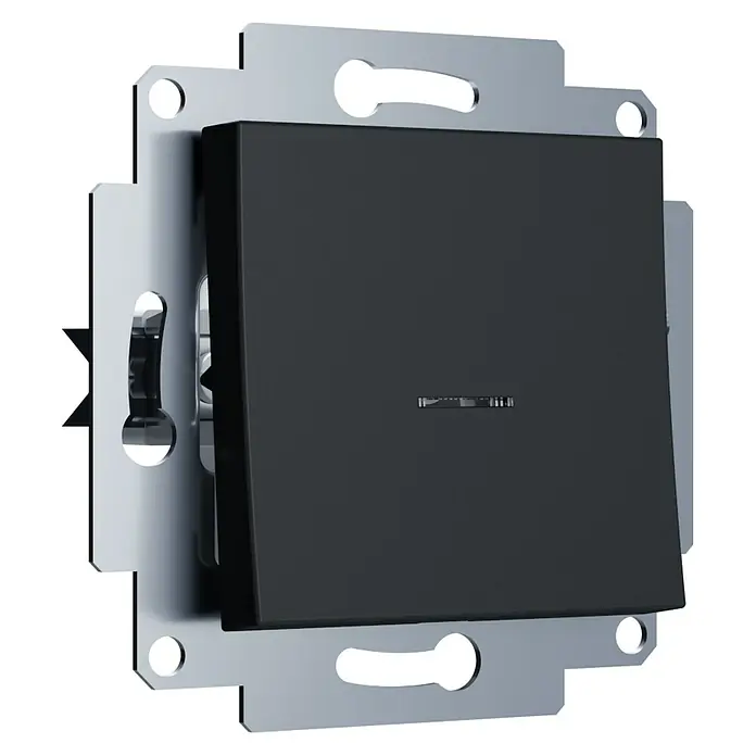 Kontrollschalter Rio - Schwarz Soft Touch, Seidenmatt, Unterputzmontage, 10 A - Nahaufnahme eines schwarzen Schalters mit silberfarbener Einfassung, der ein modernes und elegantes Design für jede Inneneinrichtung bietet.