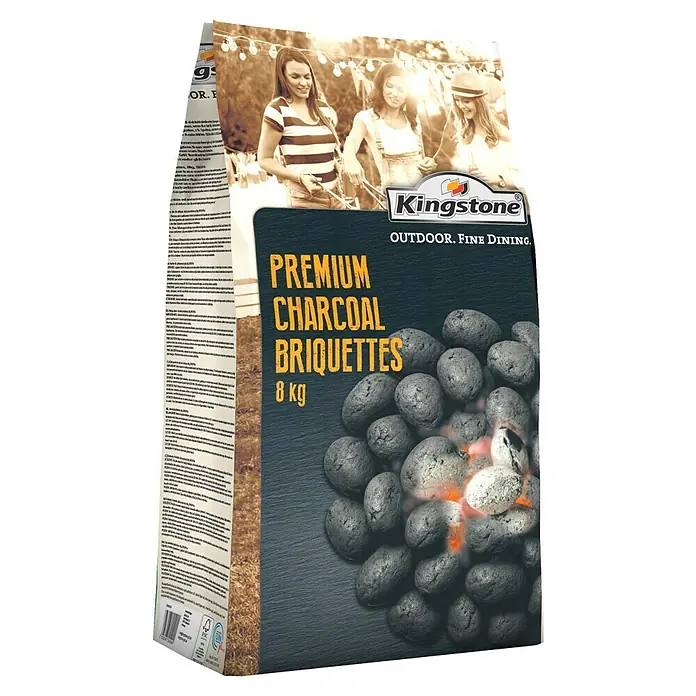 Kingstone Grillbriketts Premium - 8 kg - Produktansicht von Kingstone Premium Holzkohlebriketts, 8 kg, ideal für Outdoor-Grillabende und kulinarischen Genuss im Freien.