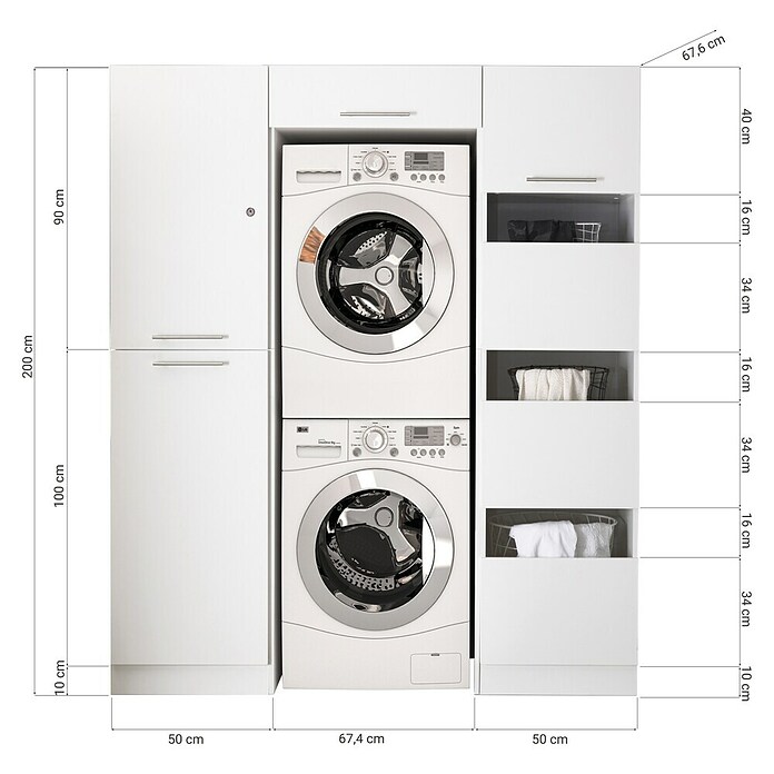 Respekta Wasmachinekast Clara (l x b: 67,6 x 167,4 cm, Wit, Met 2 x wasmachinekast, waskast en hoge kast) | BAUHAUS