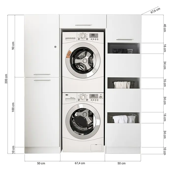 Respekta Waschmaschinenschrank Clara - L x B: 67,6 x 167,4 cm, Weiß, Mit 2 x Waschmaschinenschrank, Wäscheschrank & Hochschrank - Eine Waschkücheneinrichtung mit weißer Waschmaschine und Trockner, umgeben von Schränken.