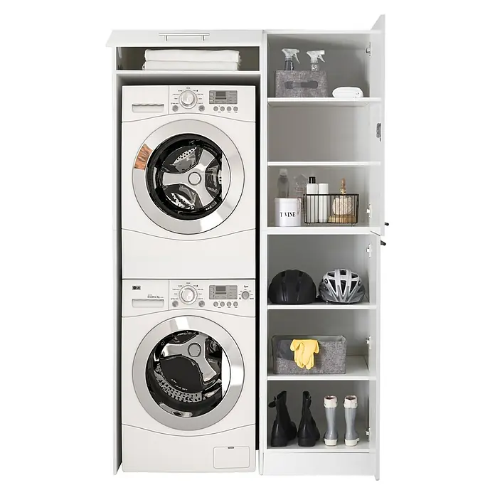 Respekta Waschmaschinenschrank Clara - L x B: 67,6 x 117,4 cm, Weiß, Mit Hochschrank & Waschmaschinenschrank - Waschmaschine und Trockner mit Regalen, die mit verschiedenen Gegenständen gefüllt sind.