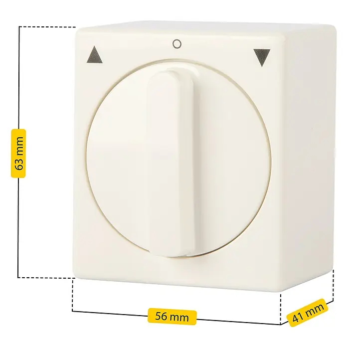 Schellenberg Rollladenschalter - 41 x 56 x 63 mm, Aufputz, Weiß - Weißer mechanischer Küchentimer mit Drehknopf zur Zeiteinstellung und aufgedruckten Maßen in Millimetern.