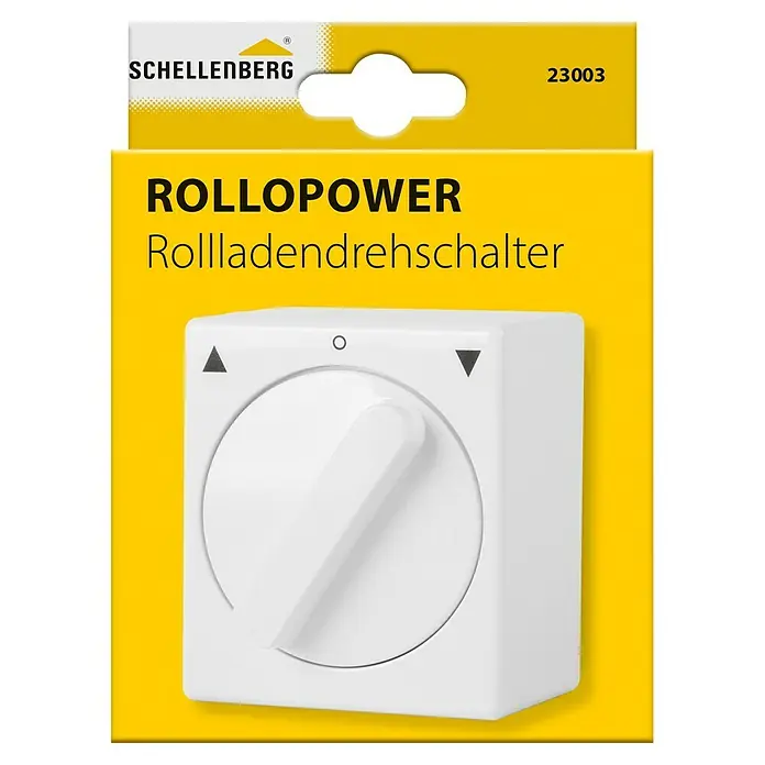 Schellenberg Rollladenschalter - 41 x 56 x 63 mm, Aufputz, Weiß - Das Bild zeigt einen Rollladen-Drehschalter von Schellenberg, ein Gerät zur Steuerung von Rollläden, verpackt in gelbem Karton mit der Aufschrift "ROLLOPOWER".