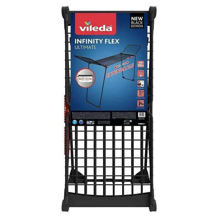 Vileda Flügel-Wäscheständer Infinity Flex Ultimate - Länge Wäscheleine: 30 m, L x B x H: 304 x 56 x 128 cm, Schwarz - Vileda Infinity Flex Ultimate Wäscheständer in Schwarz, ausziehbar bis 2m Trockenlänge, mit 30m Gesamttrockenlänge, ideal für lange Wäschestücke.