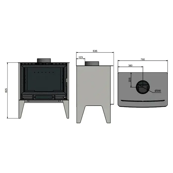Invicta Estufa de leña Padua sin ventiladores - 10 kW, Volumen de calefacción: 300 m³, sin ventiladores, Negro - Esquema de una estufa con indicaciones de tamaño. El producto se muestra desde diferentes ángulos, con medidas precisas.