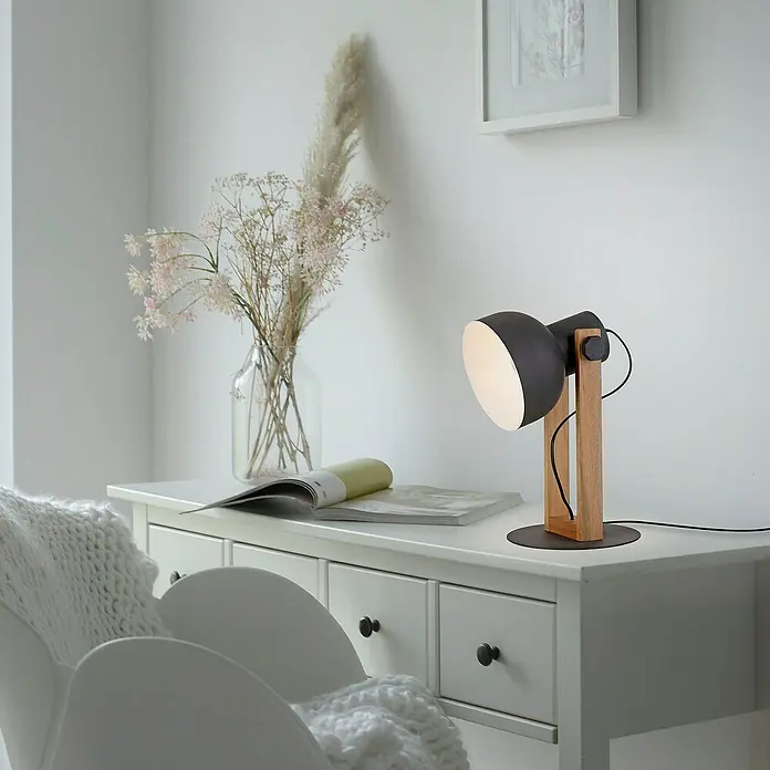 Paul Neuhaus Lámpara de sobremesa redonda CUP 2.0 - 60 W, Ø x Al: 26 x 34 cm, Negro, E27 - Elegante lámpara de mesa con base de madera y pantalla negra que emite una luz cálida y crea un ambiente acogedor.