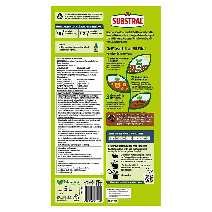 Substral Kakteenerde - 5 l, Torffrei - Substral Erde für Sukkulenten, Kakteen und Bonsai: Ideal für Standfestigkeit. Drainage verbessert dank Sand und Lavagranulat.