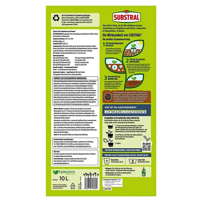 Substral Grünpflanzen- & Palmenerde - 10 l, Torffrei - Substral Grünpflanzen- und Palmenerde: Ideal für Wurzelbildung und Wachstum von Grünpflanzen/Palmen in Pflanzgefäßen.