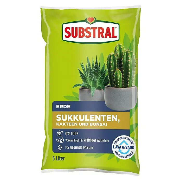 Substral Kakteenerde - 5 l, Torffrei - Abbildung einer Substral-Erde-Verpackung für Sukkulenten, Kakteen und Bonsai in einem hellgrünen 5-Liter-Sack.