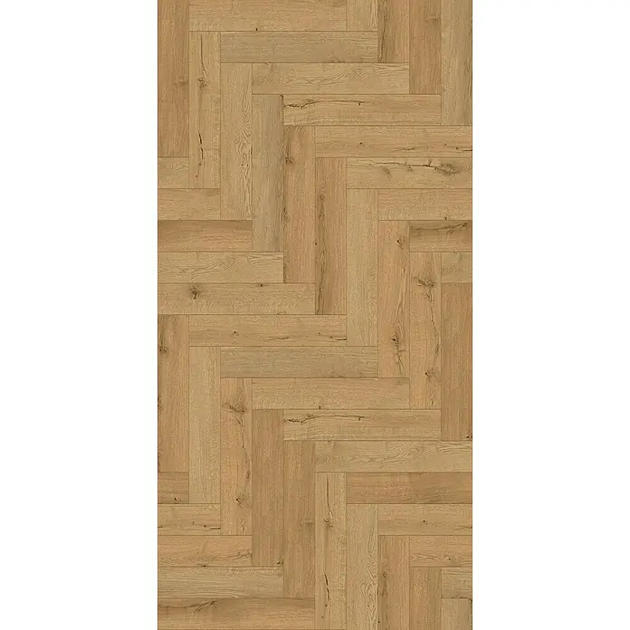 Vinylboden Rigid Herringbone - Eiche Selfoss, Fischgrät, 125 x 625 x 5,5 mm - Detailaufnahme eines hellbraunen Parkettbodens im Fischgrätmuster. Das Holz weist eine natürliche Maserung und Astlöcher auf.