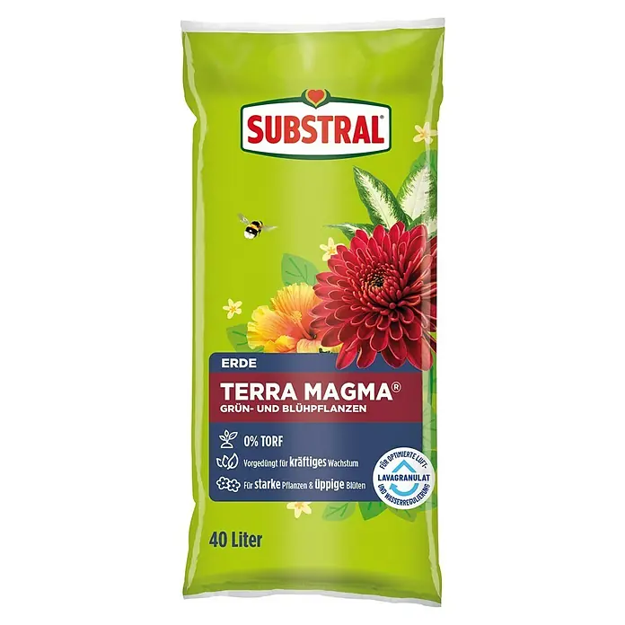 Substral Zimmerpflanzenerde Terra Magma® Grün- und Blühpflanzen - 40 l - Abbildung einer Packung Substral Terra Magma Blumenerde. Die torffreie Erde ist für Grün- und Blühpflanzen geeignet und sorgt für Wachstum.