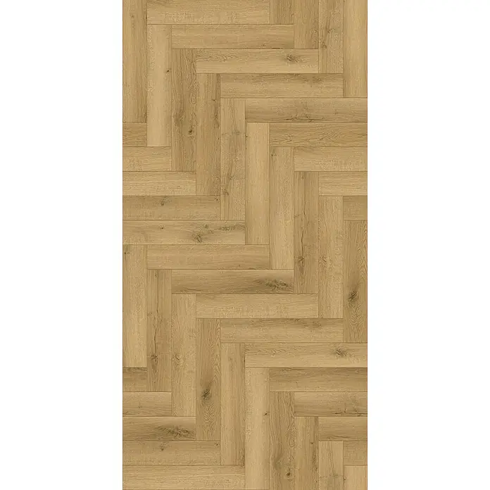 Vinylboden Rigid Herringbone - Eiche Reyklavik, Fischgrät, 125 x 625 x 5,5 mm - Das Bild zeigt einen Bodenbelag in einem Fischgrätmuster aus hellem Holz, der eine warme und natürliche Ästhetik vermittelt.