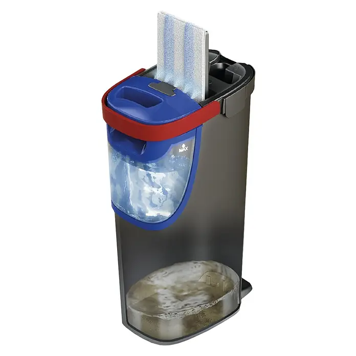 Vileda Reinigungssystem & Eimer H2PRO Flat Mop System - 1 x Flachwischer, 1 x Eimer mit Zweitanksystem, 1 x Wischbezug - Abbildung eines grauen Eimer-Spin-Mops-Systems mit blauem und rotem Akzent, der den Mopp und das schmutzige Wasser zeigt.