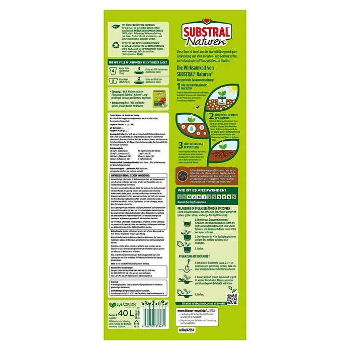 Substral Naturen Tomaten- & Gemüseerde - 40 l - SUBSTRAL Naturen Tomaten- und Gemüseerde: Torffreie Erde zur Förderung von Wurzelbildung und guter Entwicklung aller Tomaten- und Gemüsesorten.