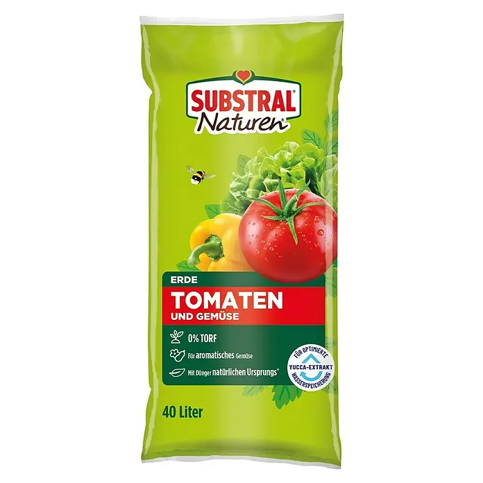 Substral Naturen Tomaten- & Gemüseerde - 40 l - Nahaufnahme einer Substral Naturen Erdtüte für Tomaten und Gemüse, torffrei und mit natürlichem Dünger.