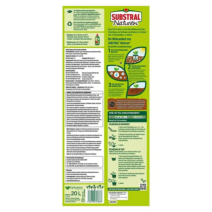 Substral Naturen Aussaat- & Kräutererde - 20 l - Produktbild von Substral Naturen Erde Anzucht und Kräuter, einer torffreien Erde ideal für Setzlinge und Kräuter.