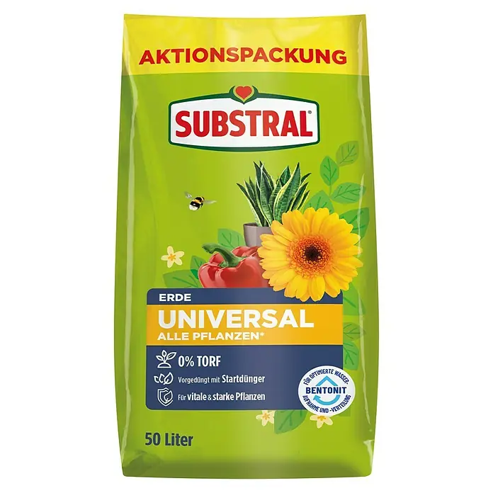 Substral Universalerde - Nettovolumen: 50 l, Torffrei - Abbildung einer Substral Universalerde Aktionspackung, die für alle Pflanzen geeignet ist und 0% Torf enthält.