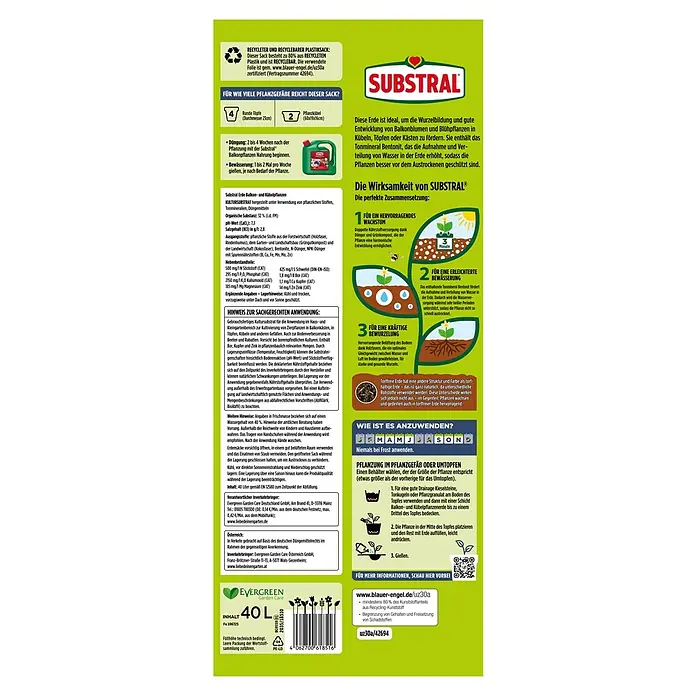 Substral Pflanzerde Balkon- und Kübelpflanzen - 40 l, Torffrei - Substral Balkon- und Kübelpflanzenerde: Ideale Erde für üppige Blumenpracht auf Balkonen und Terrassen, mit Tonmineral Bentonit für bessere Wasserverteilung.
