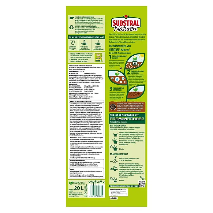 Substral Naturen Mediterranpflanzenerde - 20 l - Substral Naturen Erde für Palmen, Olivenbäume, Zitrusfrüchte und andere mediterrane Pflanzen. Ideal für Wurzelbildung und Wachstum.