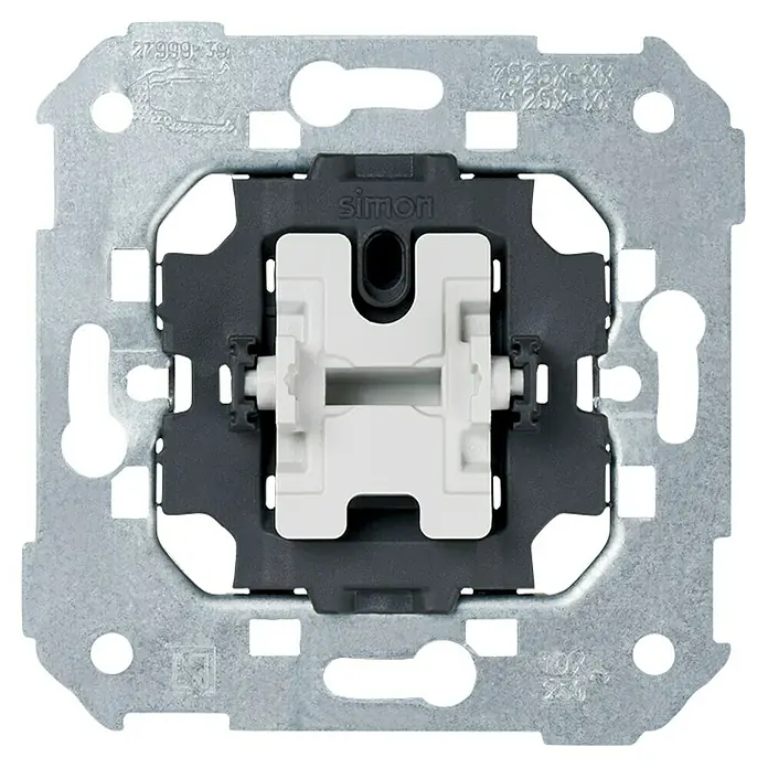 Simon 75 Mecanismo de conmutador - Montaje en superficie - Primer plano de un soporte de interruptor Simon. Marco metálico con inserto gris y mecanismo blanco para la instalación.