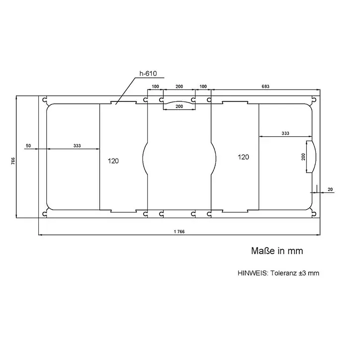 Aedler Badewannenträger - Passend für: Badewannen der Serie Montpellier, Hermosa & St. Martin, B x L: 76,6 x 176,6 cm - Technische Zeichnung einer modularen Kunststoffpalette mit genauen Maßangaben für Konstruktion und Design.