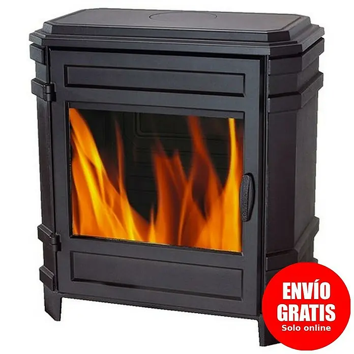 Invicta Estufa de leña Vosges - 8 kW, Volumen de calefacción: 240 m³, Antracita - Estufa de leña negra con frente de cristal y fuego ardiendo en el interior. Este aparato promete calidez y confort para su hogar.