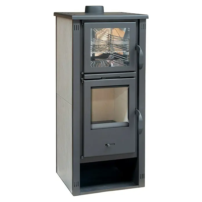 Invicta Estufa de leña Thalia Pella SG con horno - 5,4 kW, Volumen de calefacción: 210 m³, Antracita - Elegante estufa de leña de dos puertas que aporta calidez y estilo a cualquier espacio. Ideal para noches acogedoras y calefacción eficiente.