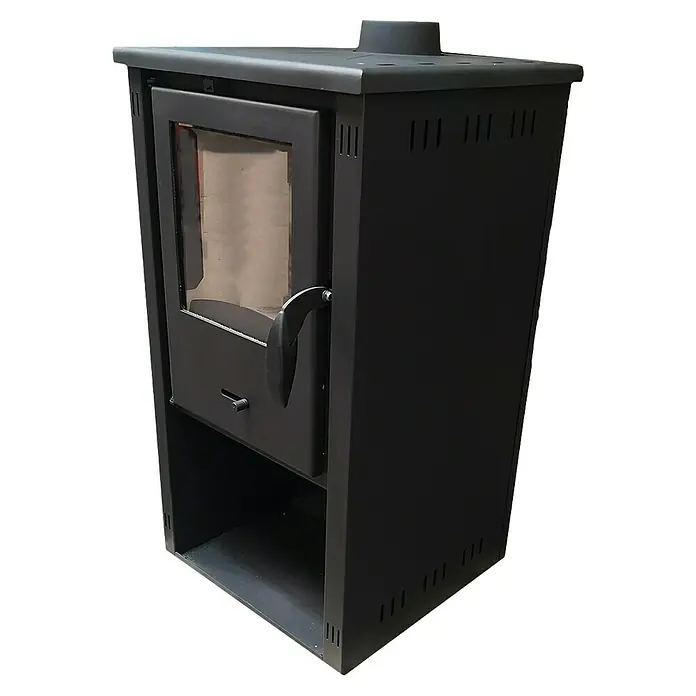 Invicta Estufa de leña Thalia Pella S - 5,4 kW, Volumen de calefacción: 210 m³, Antracita - En la imagen se ve una estufa de leña con ventana y un compartimento de almacenamiento. Está hecha de metal negro y tiene ranuras de ventilación en los lados.