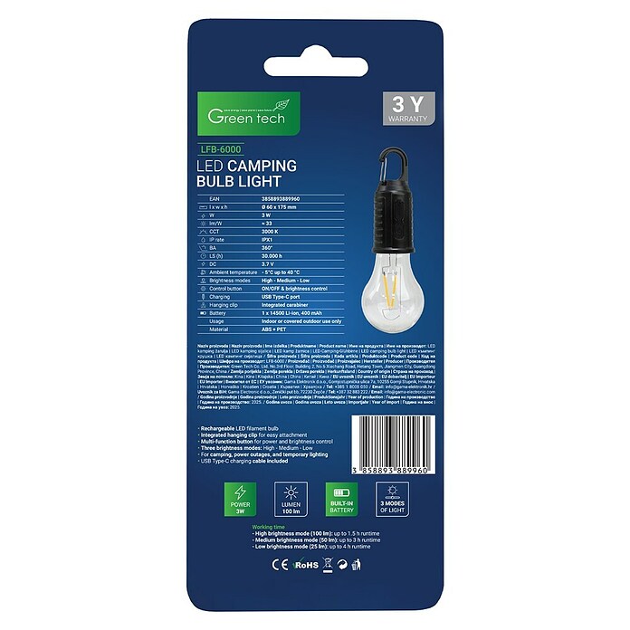 Green Tech LED svetlobni vir Camping  (3 W, 100 lm, 3.000 K, Barva svetlobe: Toplo bela) | 3110 - Akkuleuchte funktional | CAJB - Outdoorleuchten Akku | CAJ - Outdoorleuchten | CA - Beleuchtung | C - Elektro | BAUHAUS