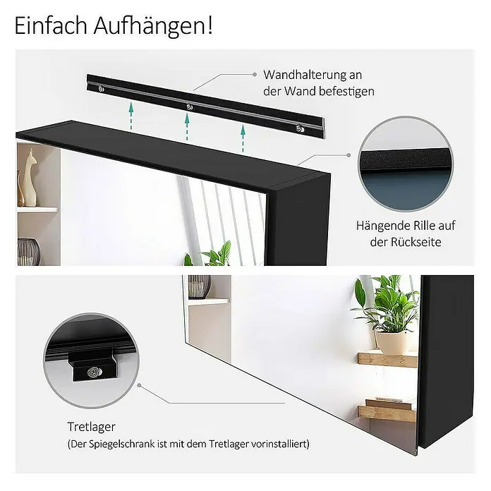 Emke Spiegelschrank Nexus - Aluminium, Schwarz - Schwarzer Spiegelschrank mit Wandhalterung und Aufhängerille, zeigt einfache Montage.