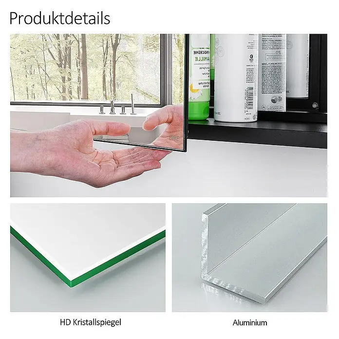 Emke Spiegelschrank Nexus - Aluminium, Schwarz - Hand öffnet Spiegelschranktür, zeigt HD Kristallspiegel und Aluminiumkonstruktion mit Detailansichten.