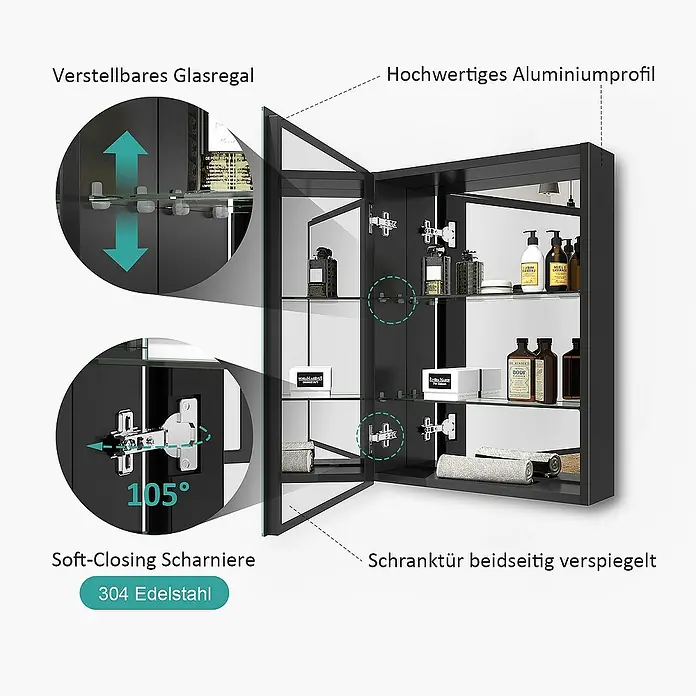 Emke Spiegelschrank Nexus - Aluminium, Schwarz - Schwarzer Spiegelschrank mit beidseitig verspiegelten Türen, verstellbaren Glasböden und Soft-Closing Scharnieren.