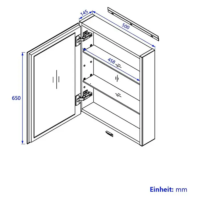 Emke Spiegelschrank Nexus - Aluminium, Schwarz - Wandhängender Spiegelschrank mit geöffneter Tür, der verstellbare Einlegeböden zeigt. Gesamtmaße: 650x500x145mm (HxBxT).